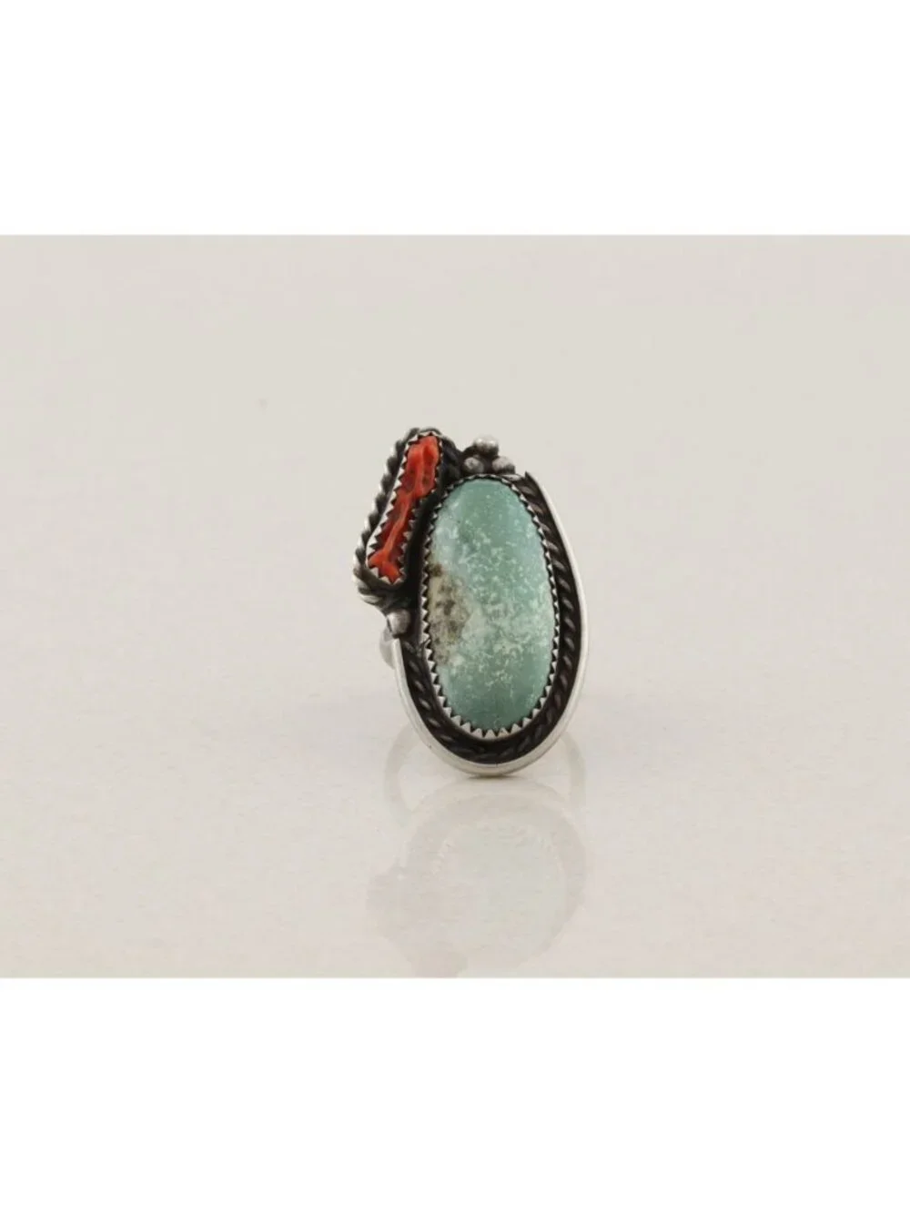 Sterling Silver Natural Turquoise & Coral Ring Size 7